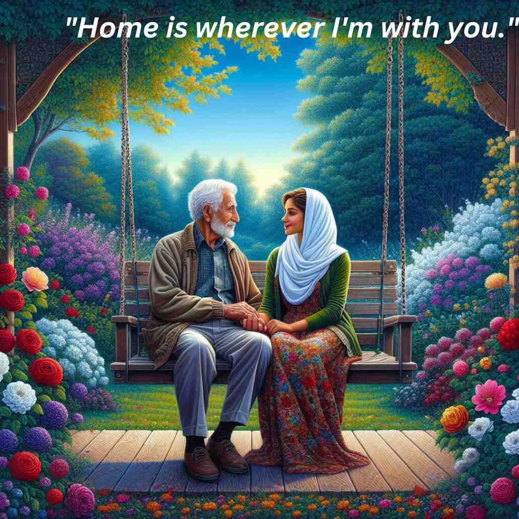 Couple on a porch swing, holding hands and smiling, with a garden backdrop.