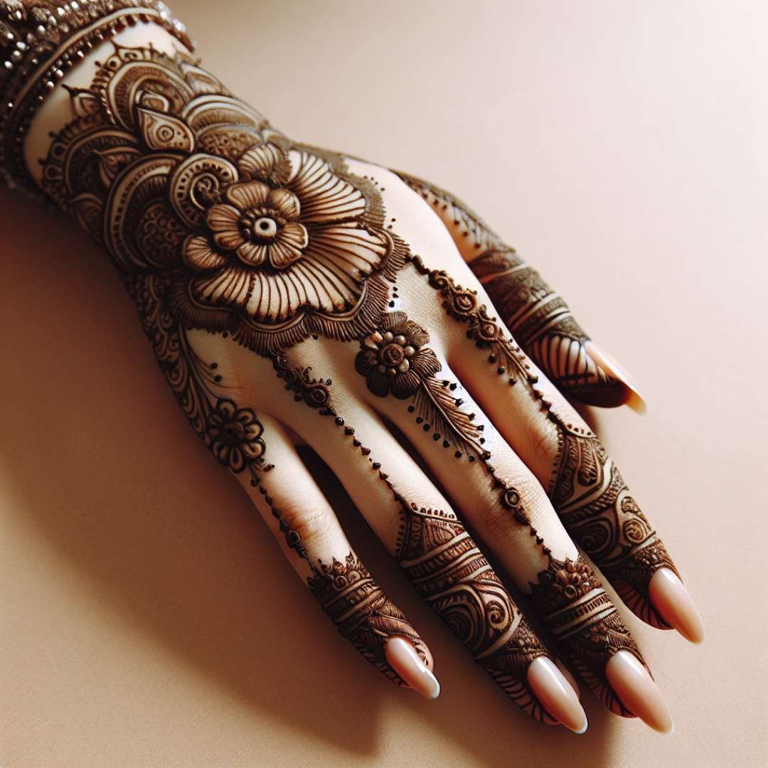 Sophisticated bridal Mehndi art, ideal for mehndi captions for Instagram.