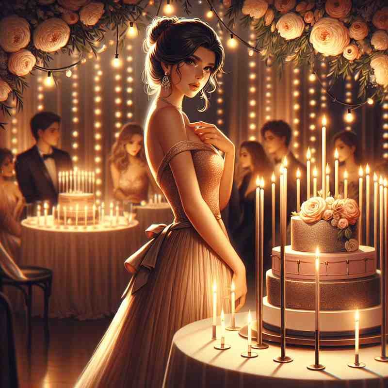 Elegant woman standing by a decorated birthday cake at a candlelit celebration.