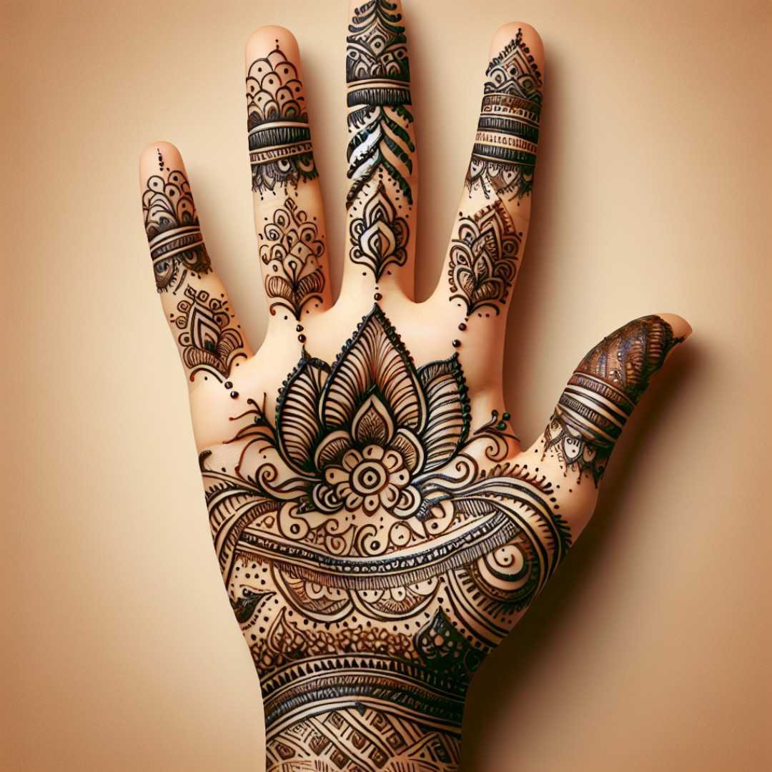 Hand adorned with intricate lotus mehndi design on beige background