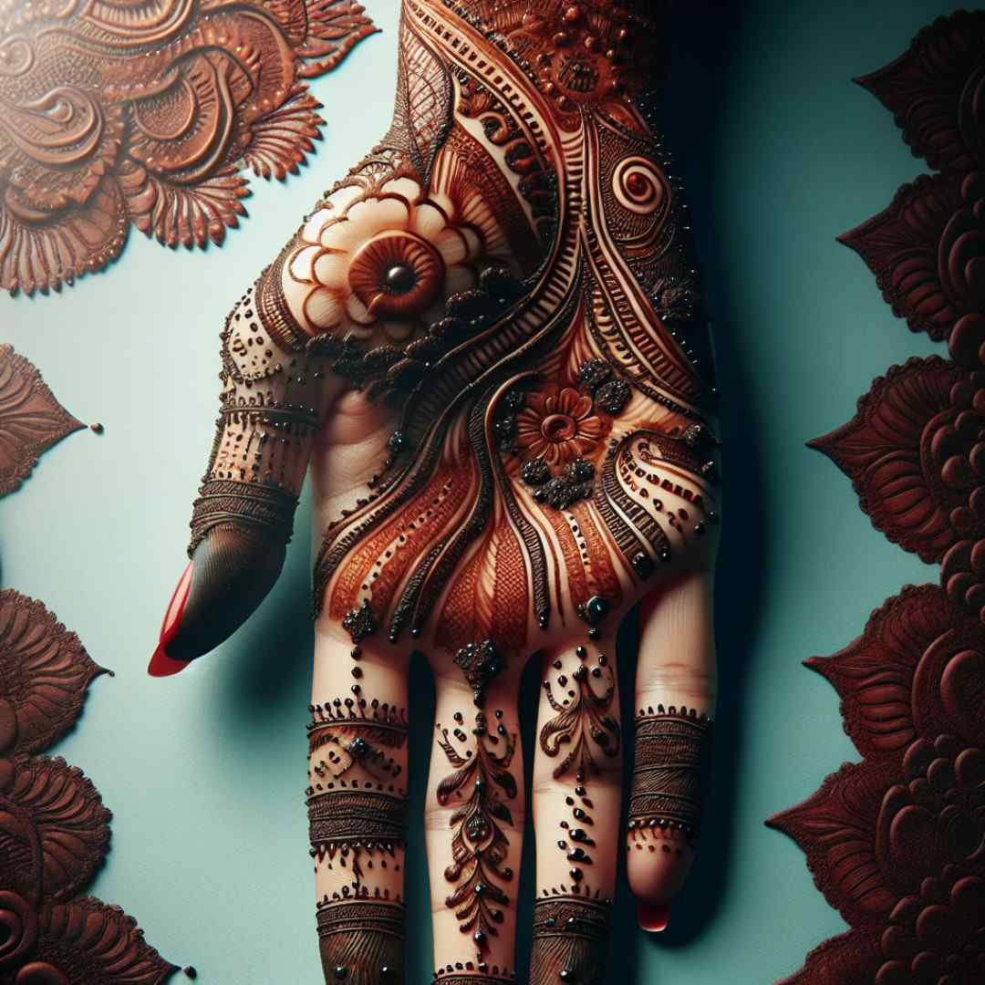 Hand with rich and detailed mehndi design on a teal background