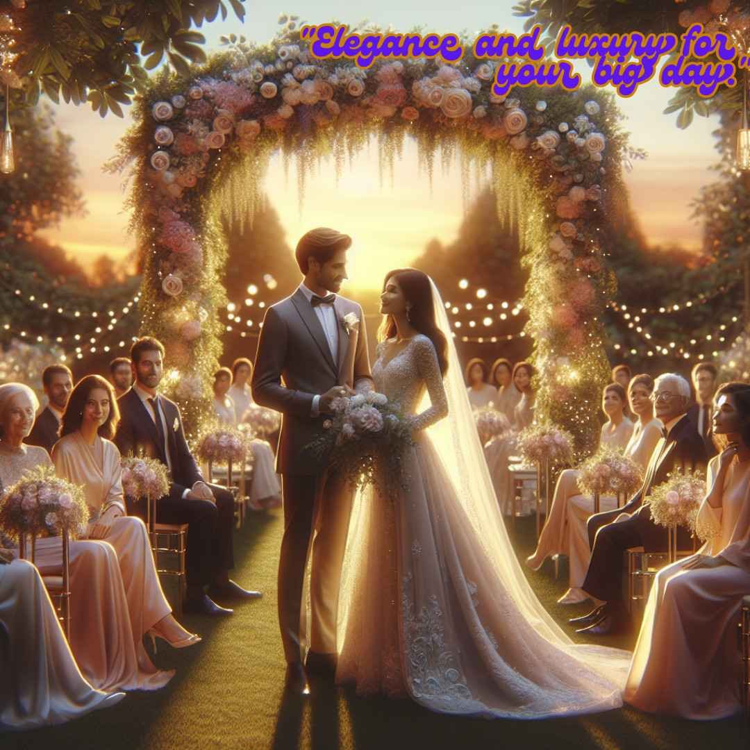 Bride and groom under floral arch at sunset outdoor wedding