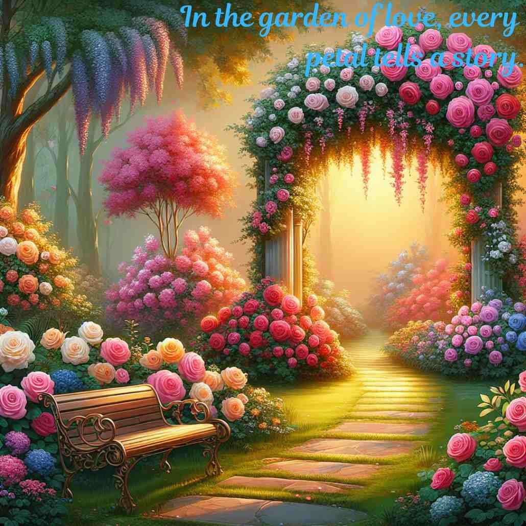 Magical flower garden with an archway and glowing path at sunset.