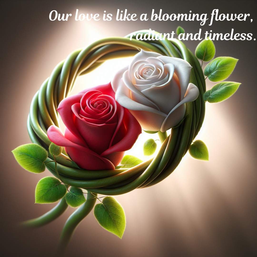 Red and white roses entwined in a glowing wreath with a romantic quote.