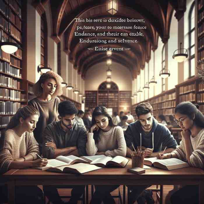 Group of students studying in a grand library with an inspirational exam quote above them.