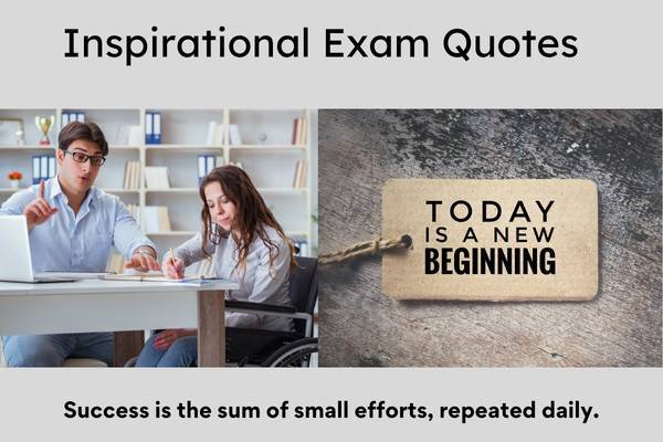 Student studying in library next to a tag reading "Today is a new beginning" with motivational exam quote