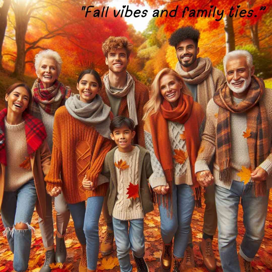 Caption for family photo: Family enjoying fall in a park with colorful leaves, dressed in cozy attire, capturing fall vibes and family ties.