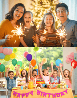 Happy family with sparklers and group of kids celebrating a colorful birthday