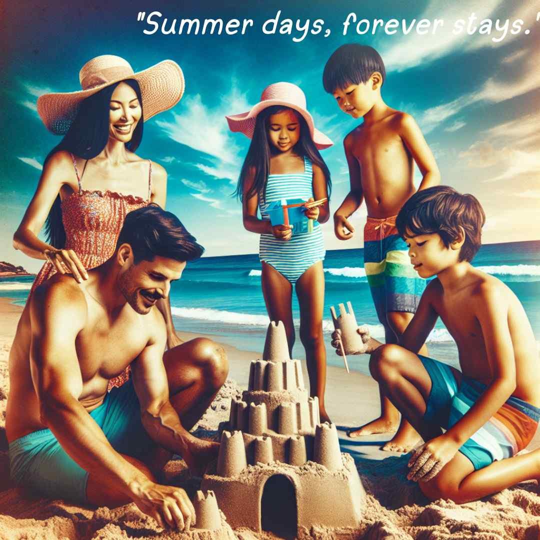 Caption for family photo: Family at the beach, building sandcastles and splashing in waves, embodying carefree summer days that forever stay.