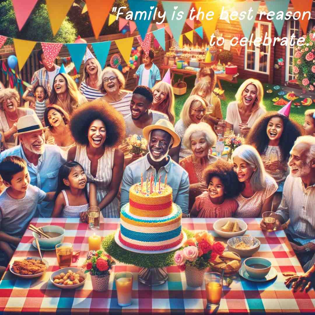 Vibrant family party in a backyard, with decorations and a cake, highlighting family as the best reason to celebrate.