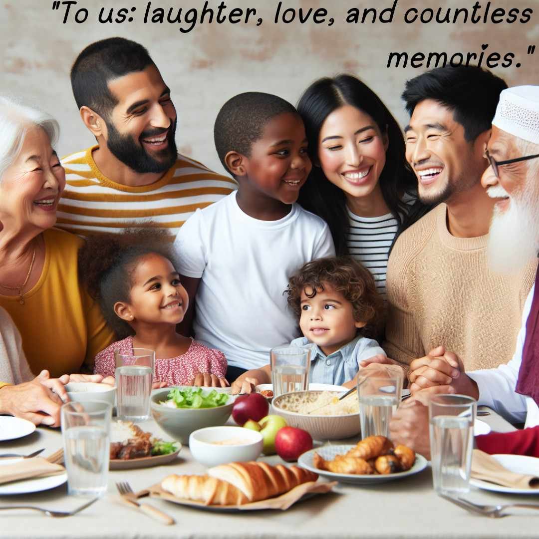 Happy multigenerational family smiling around a breakfast table
