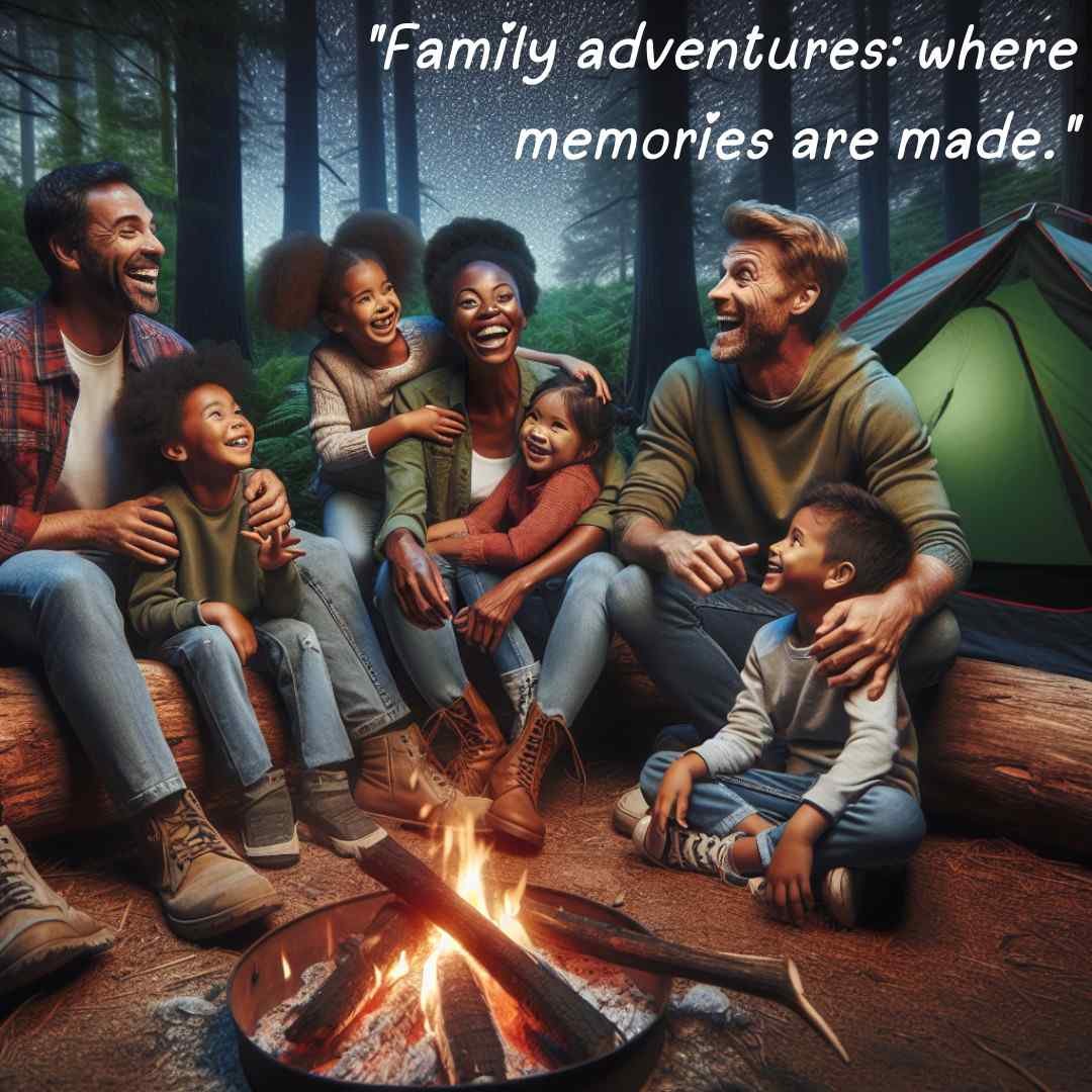 Family gathered around a campfire in a forest, sharing stories under a starlit sky.