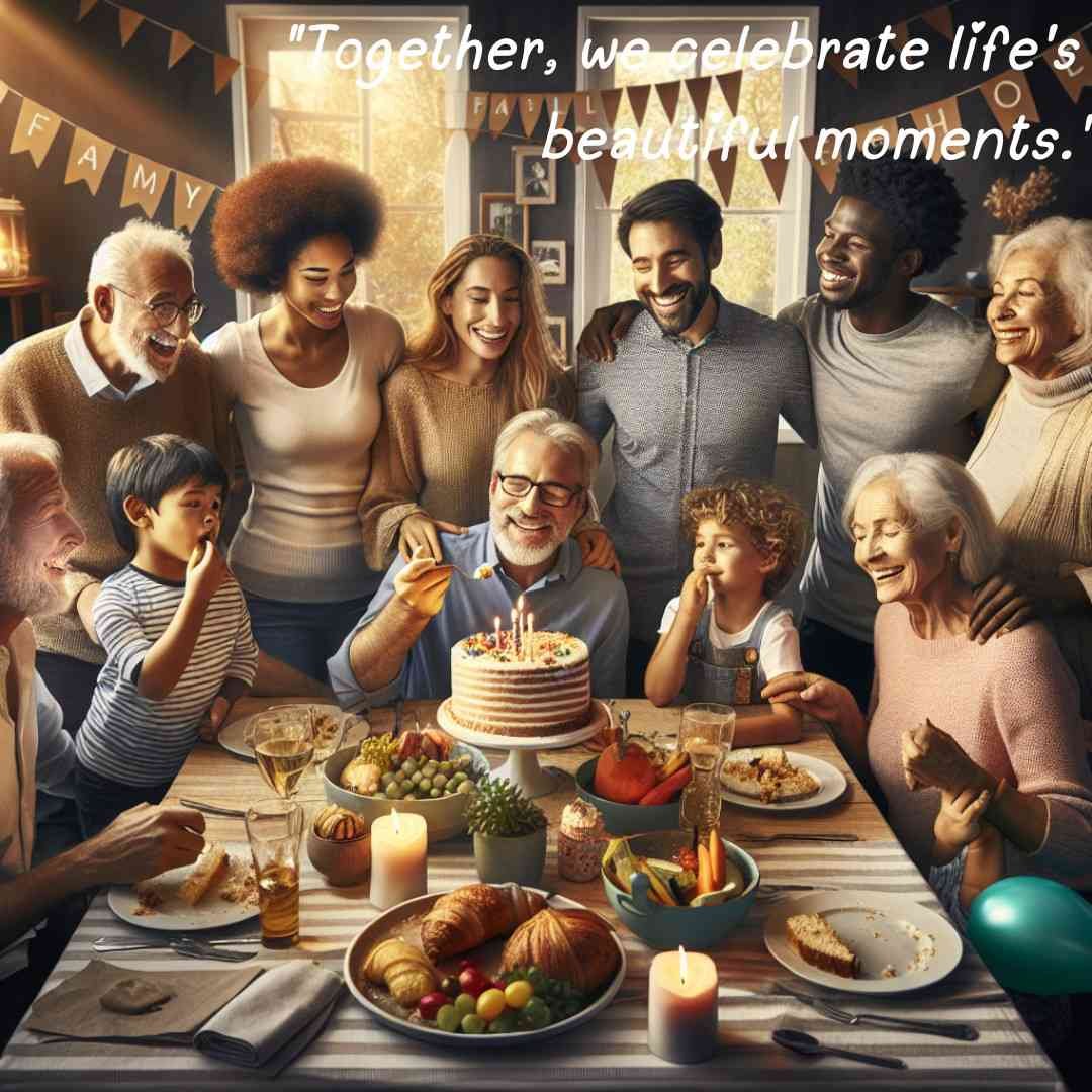 Family gathered around a table with a cake, sharing laughter and warmth on a memorable day.