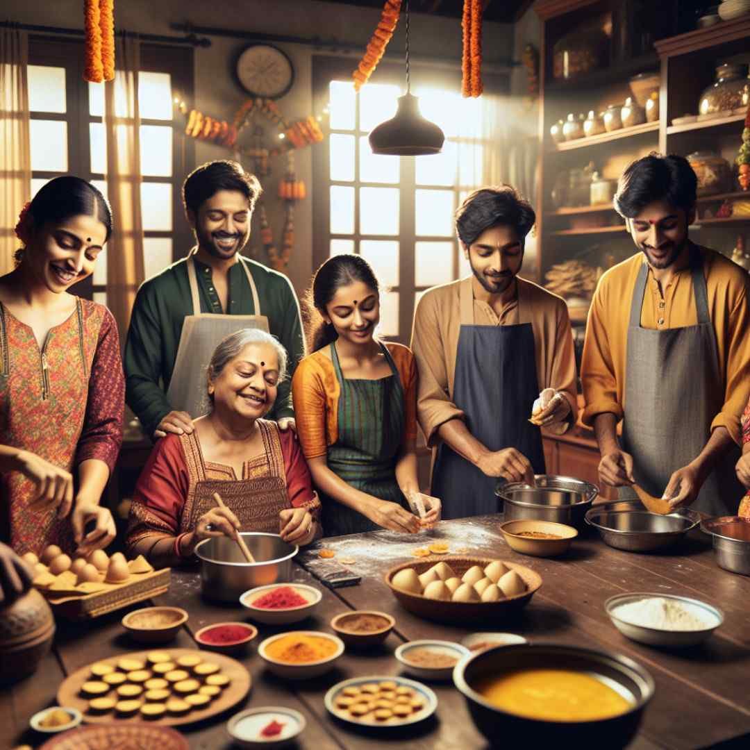 Diwali caption: Family in a kitchen making traditional sweets together, surrounded by festive decorations and ingredients.