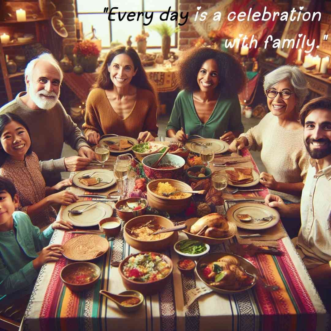 Cozy family dinner with everyone around the table, illustrating that every day is a celebration with family.