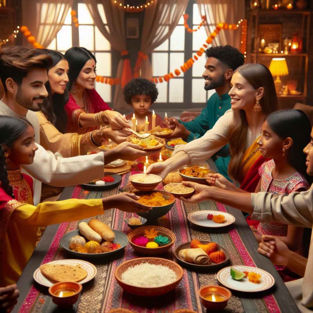 Happy family enjoying a traditional Diwali dinner together at a festive table.