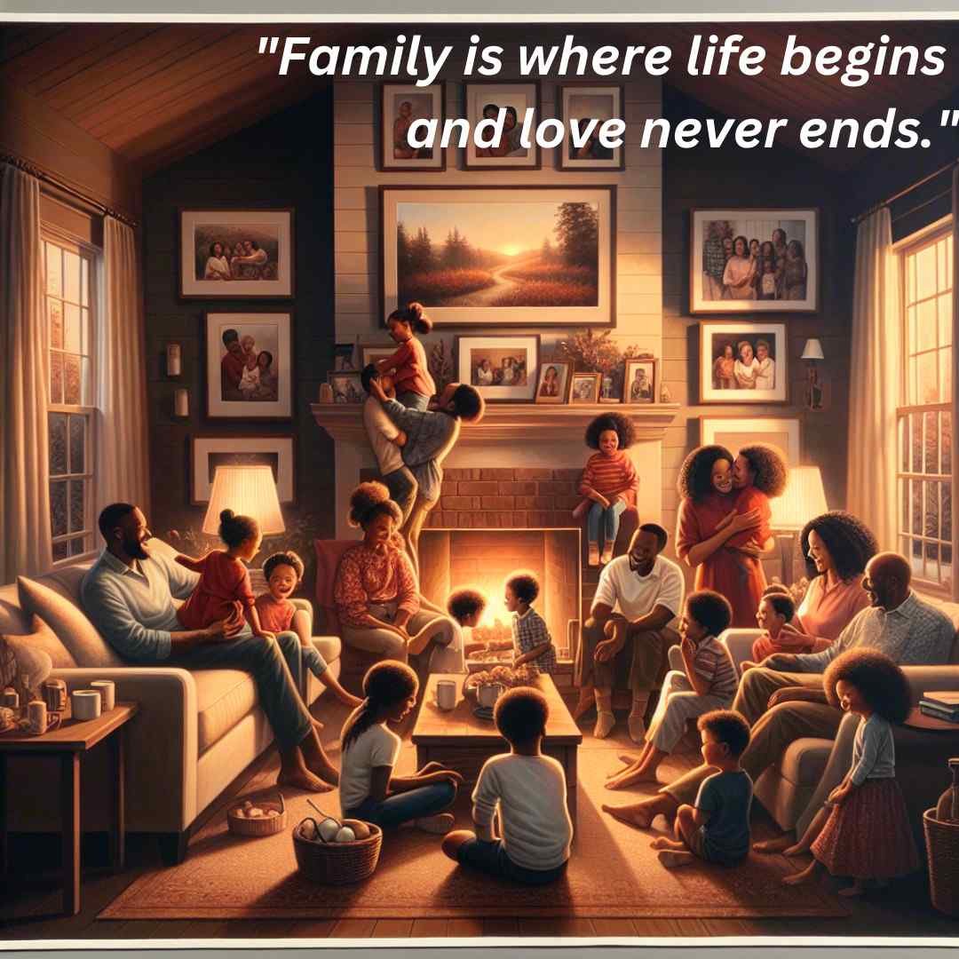 Family gathered around a fireplace in a cozy living room, surrounded by warmth.