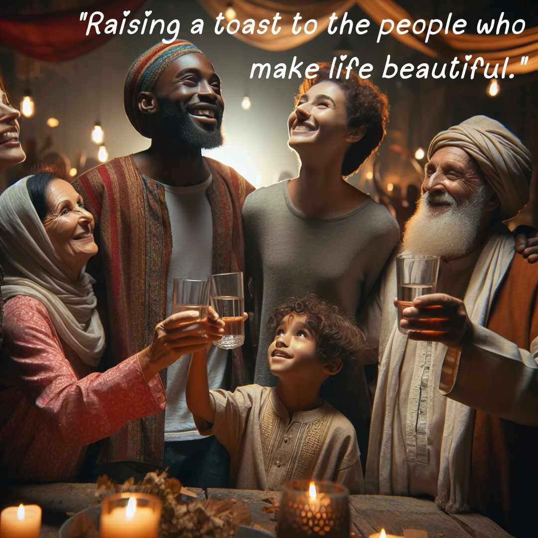 Family raising glasses in a toast, surrounded by smiles, celebrating the people who make life beautiful.