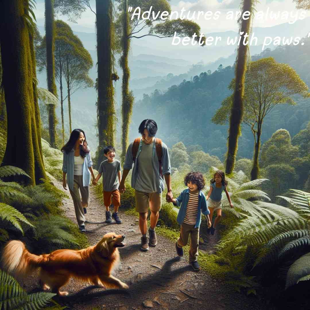 Family hiking with kids and a dog through a lush forest trail