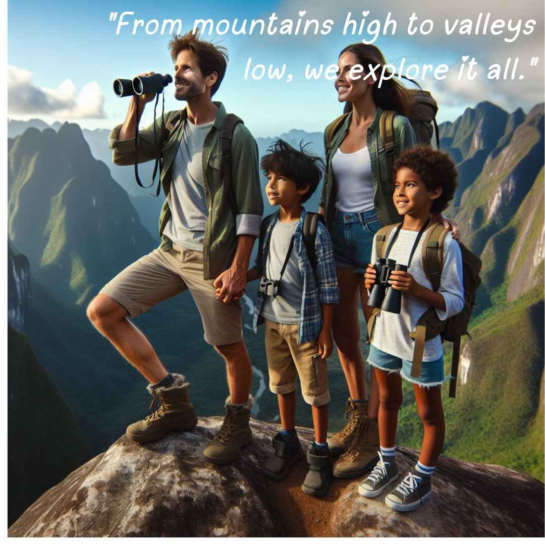 Family standing atop a mountain, overlooking a vast valley, dressed for exploration.
