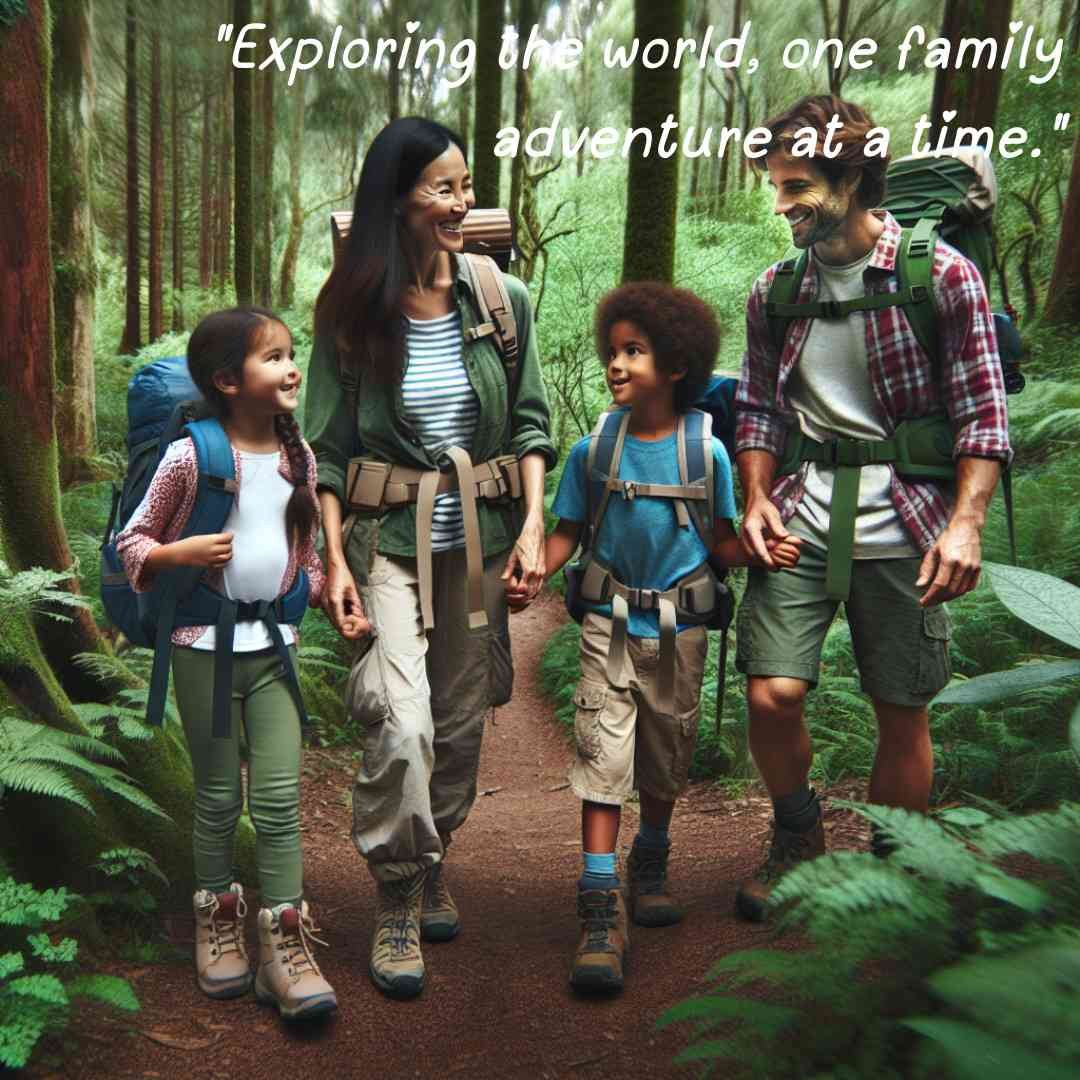 Family hiking along a forest trail, surrounded by tall trees and greenery, equipped with backpacks.