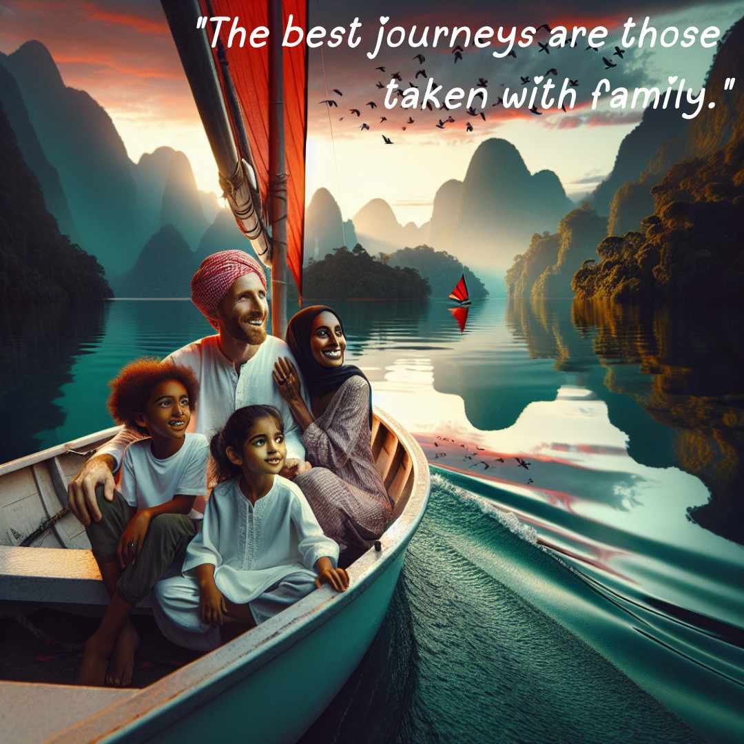 Family sailing on a tranquil lake, with mountains in the background and a sunset view.