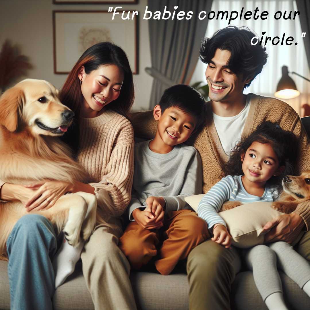 Smiling family sitting on a couch with two children and their pet dogs