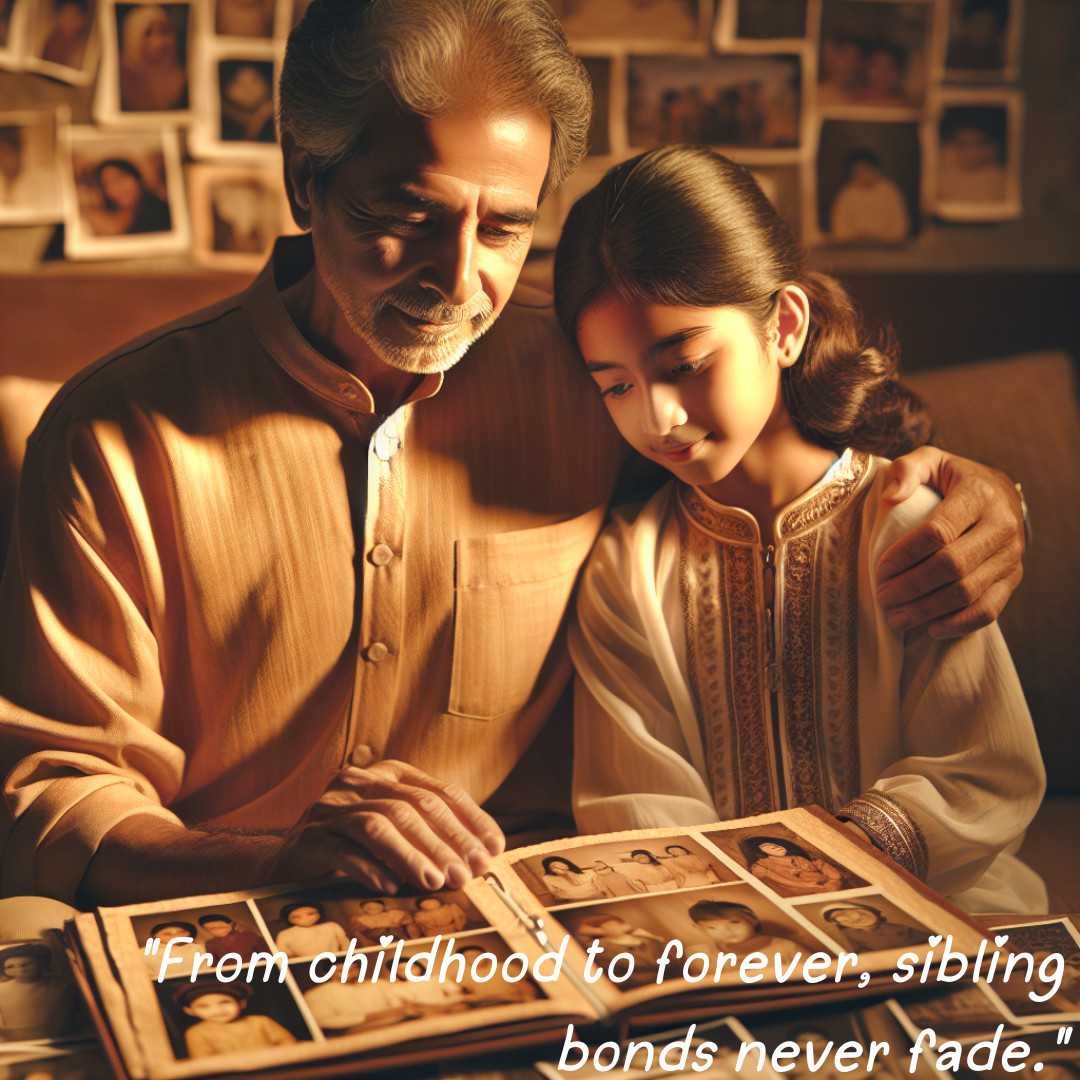 Siblings nostalgically looking through a photo album, symbolizing their enduring bond from childhood to forever.