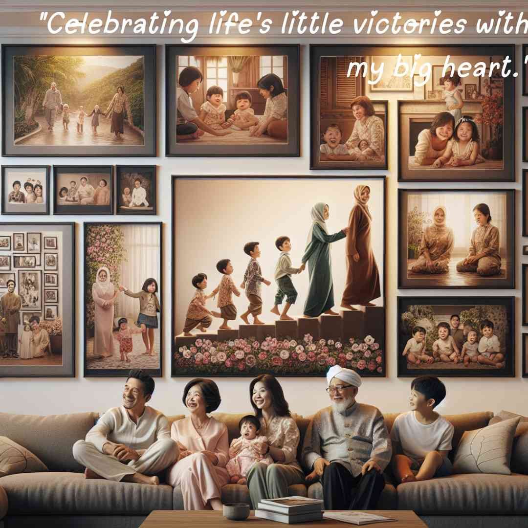 Family sitting on couch under a wall of framed family portraits