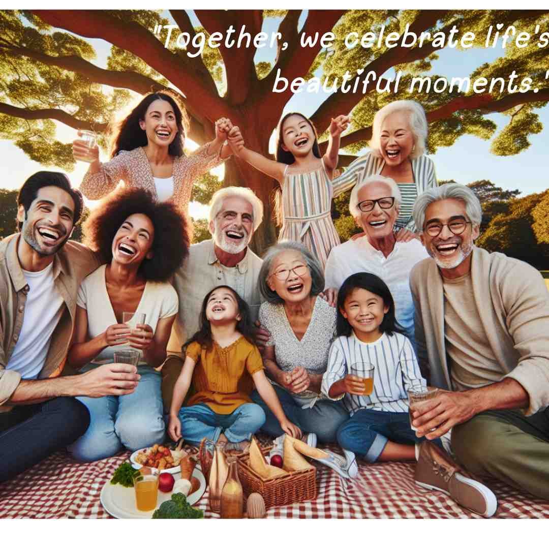 Family enjoying a picnic in a park under a blue sky, celebrating life's beautiful moments together.