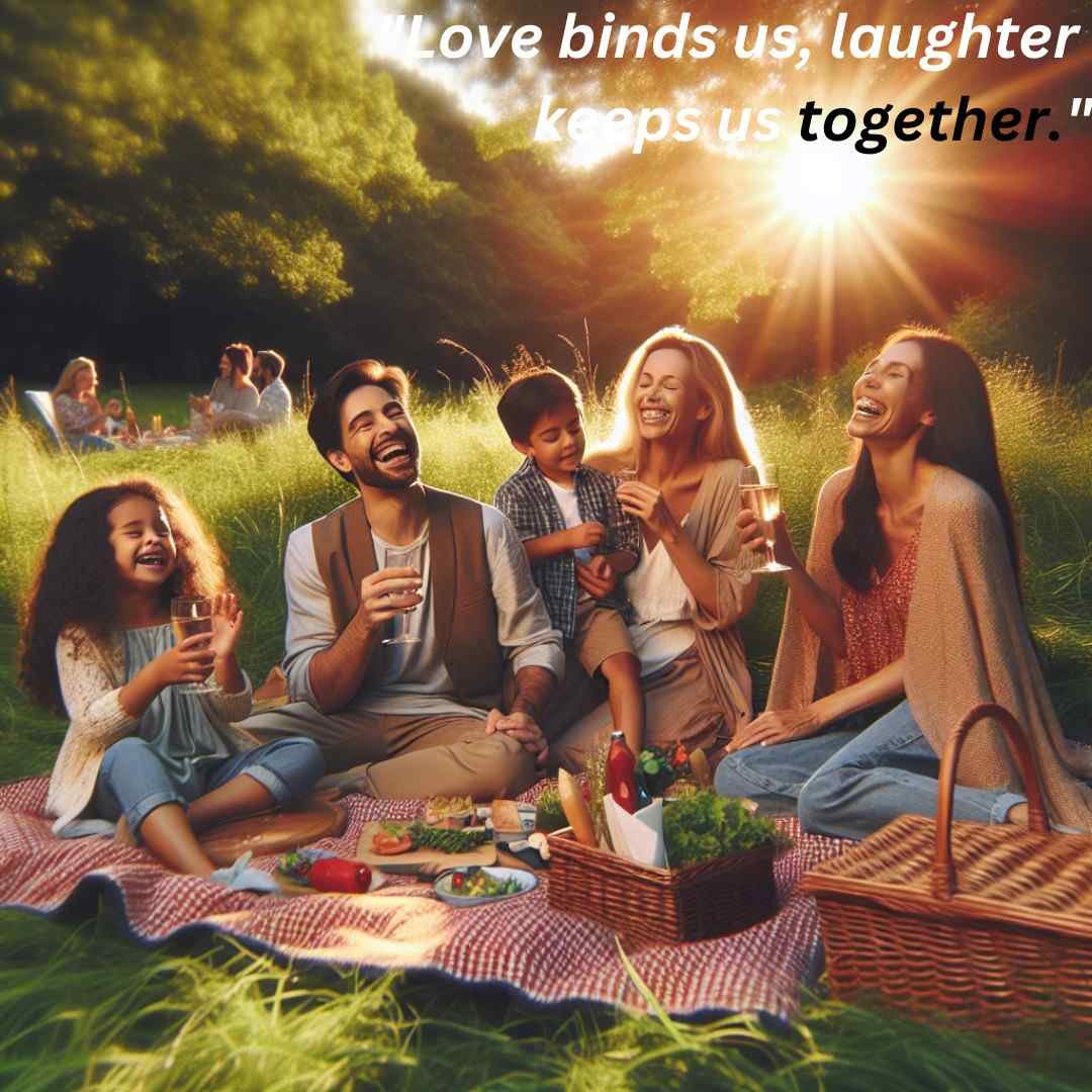 Family having a picnic in a park at sunset, sharing food and laughter.