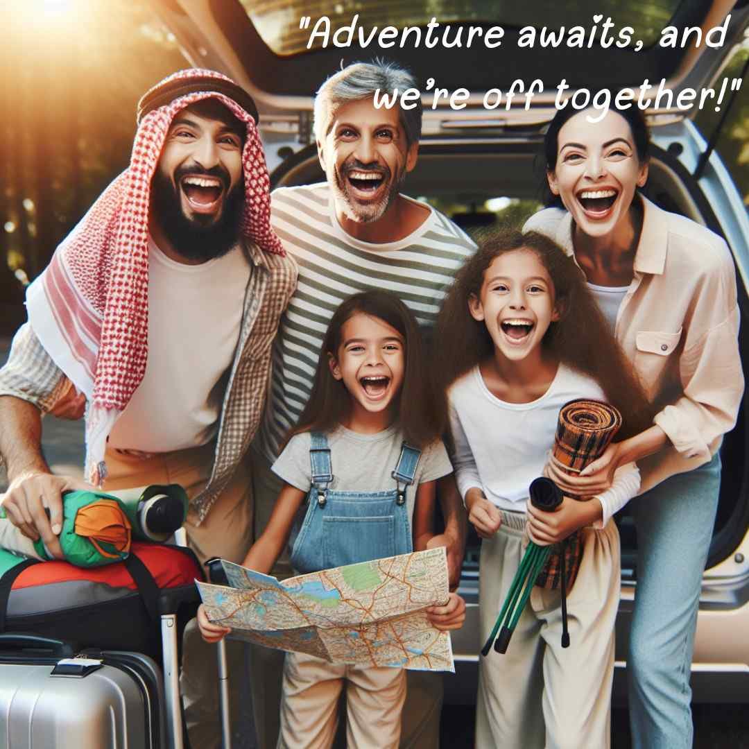 Family loading a car with luggage, ready for a road trip adventure, filled with excitement.