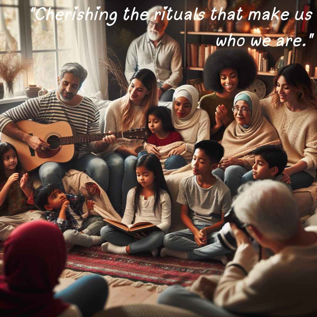 Family gathered in a cozy living room, engaged in storytelling or singing, creating a warm and inviting atmosphere centered around cherished family rituals.