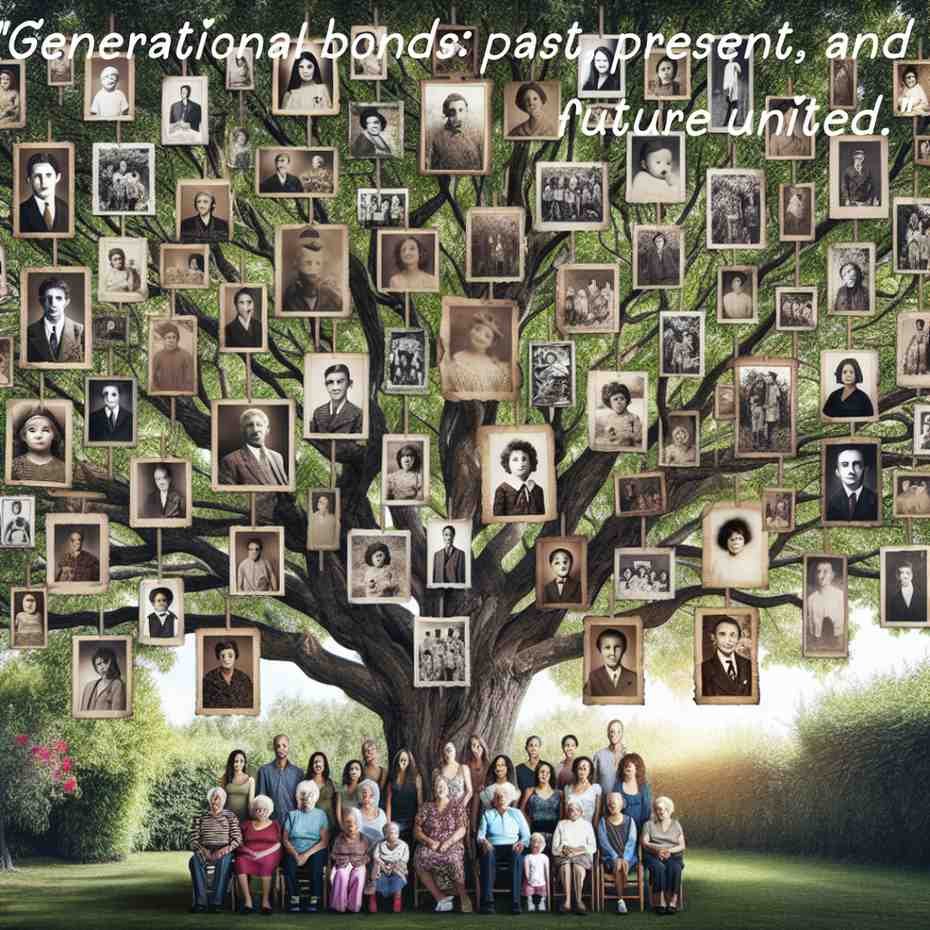 Family tree with photos of different generations, representing the unity and bonds of past, present, and future.