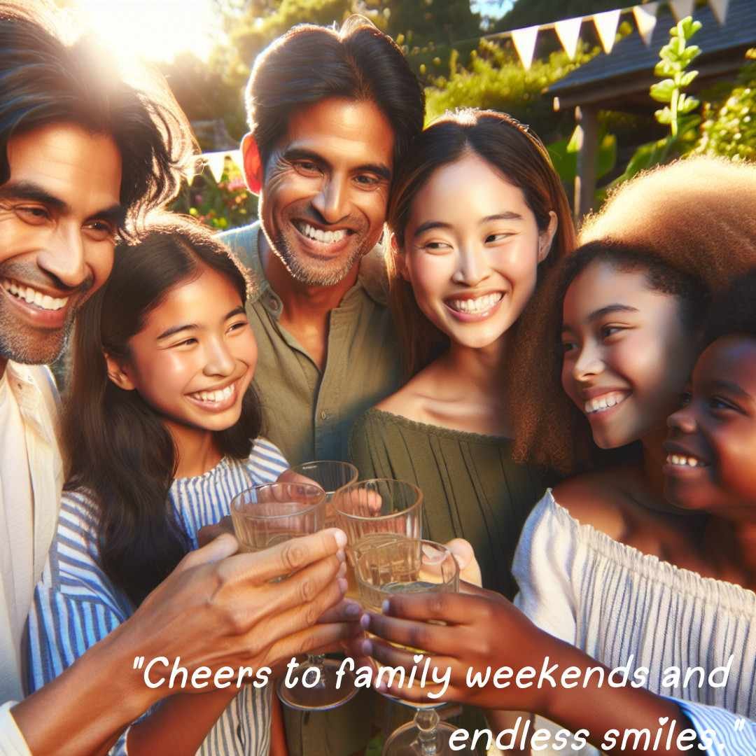 Diverse family smiling and toasting together outdoors