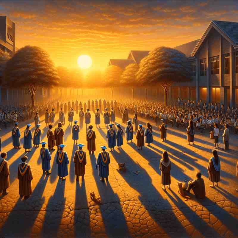 Students gathered at sunset for a graduation or farewell ceremony.