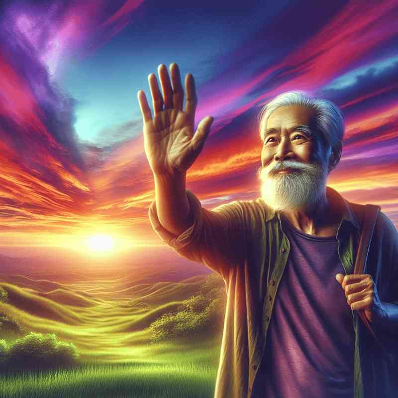 Elderly man waving goodbye under a vibrant sunset sky.
