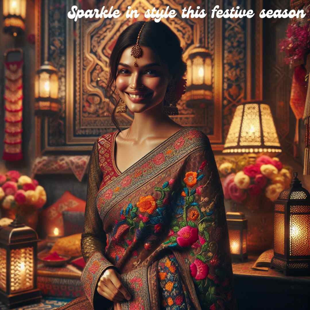 Woman in a festive saree with floral embroidery and traditional jewelry