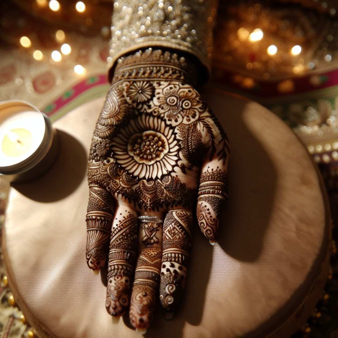 Elegant bridal Mehndi design with intricate patterns, perfect for mehndi captions for Instagram.