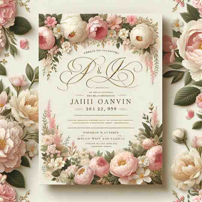 Elegant floral wedding invitation with blush pink and cream flowers.