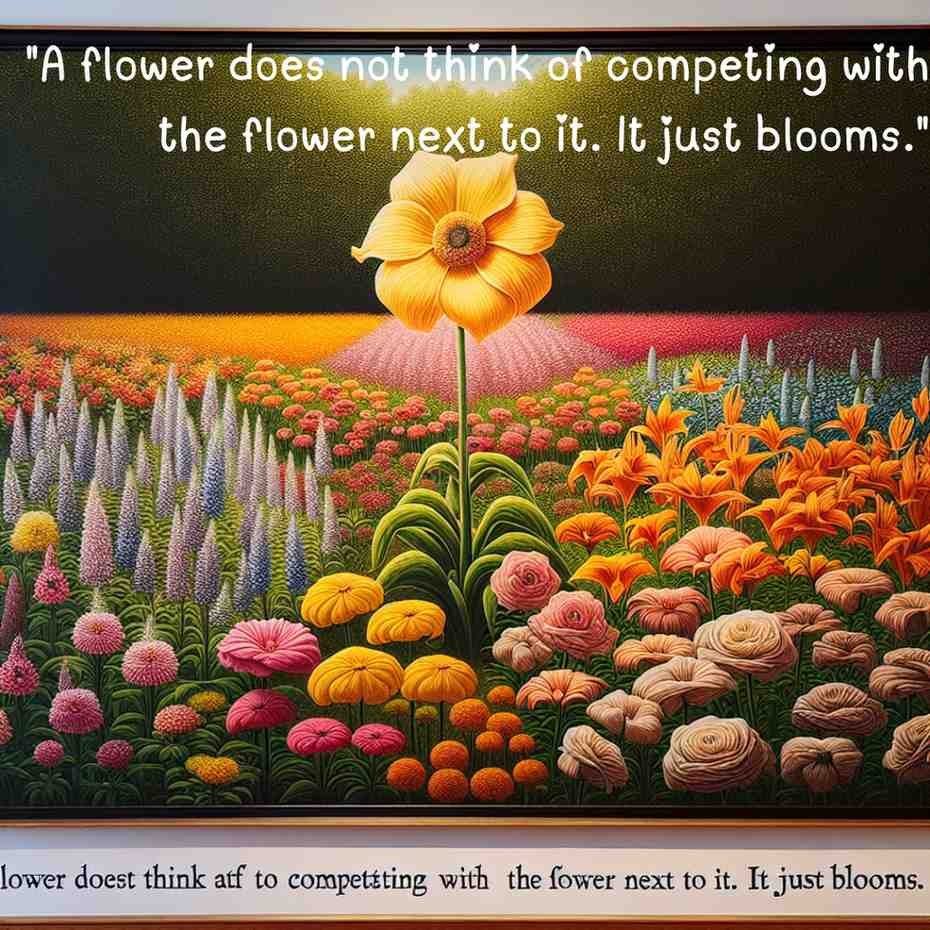 Single yellow flower blooming among a colorful field with the quote “A flower does not think of competing with the flower next to it. It just blooms.