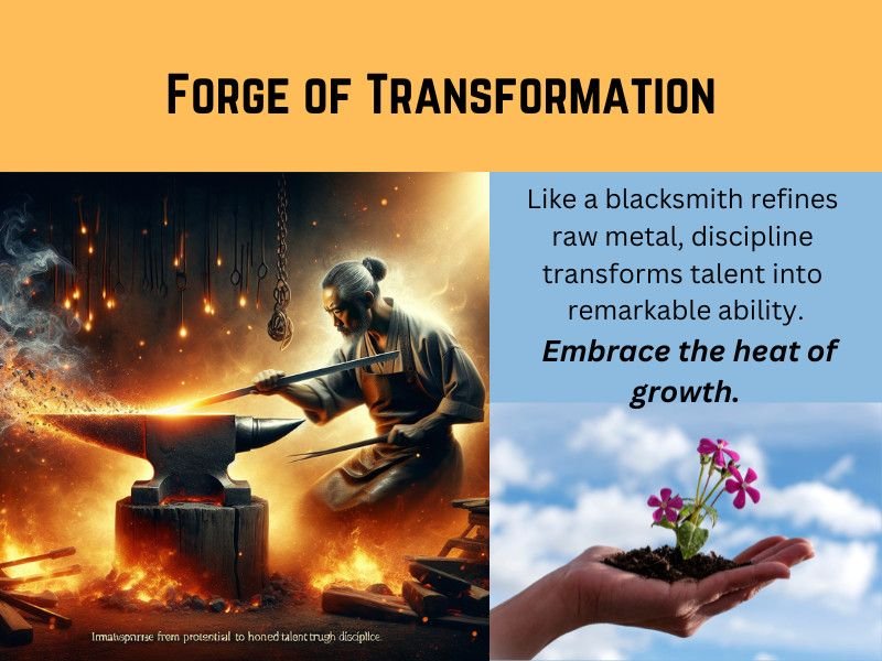 Blacksmith forging metal with fire beside a hand nurturing a flower, symbolizing transformation through discipline.