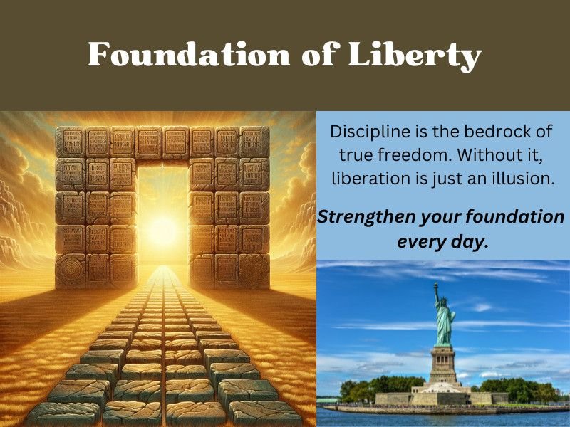 Inspirational image about discipline featuring a glowing gateway, Statue of Liberty, and motivational quote on liberty.