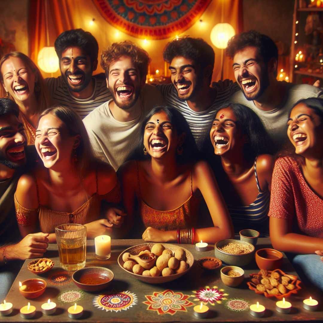 Group of friends laughing and enjoying Diwali celebration with sweets and candles.