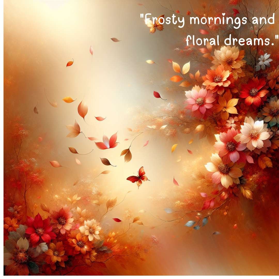 Autumn leaves and soft florals with the quote “Frosty mornings and floral dreams.”