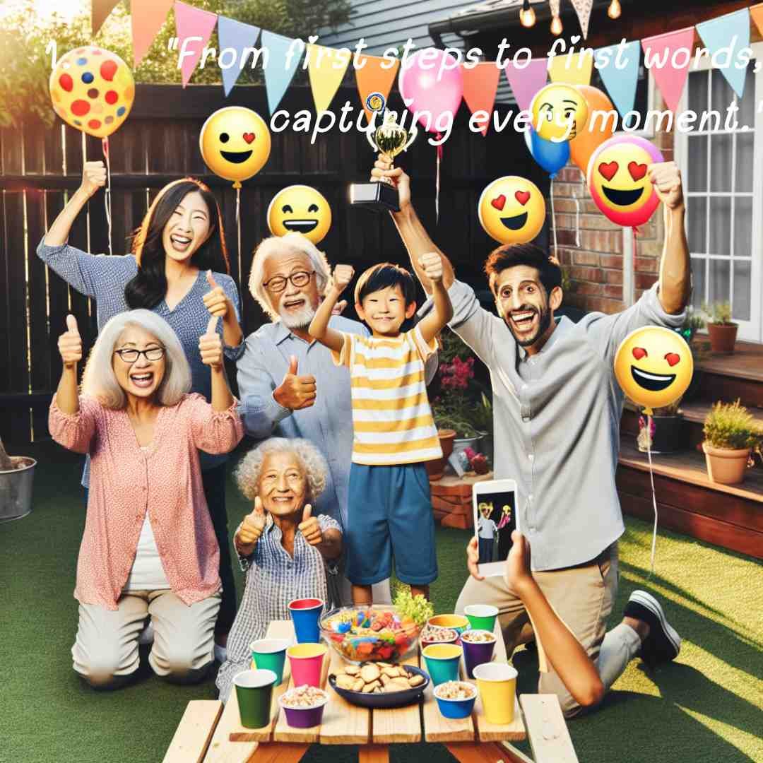 Family celebrating birthday outdoors with emoji balloons and decorations