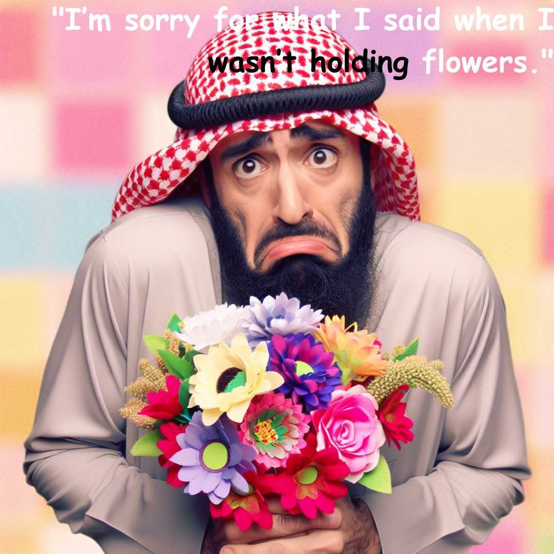 Man holding colorful flowers with a funny apology expression.