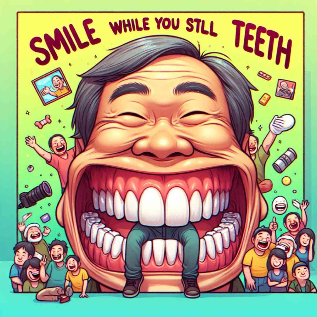 Cartoon man with an exaggerated smile and big teeth surrounded by laughing crowd