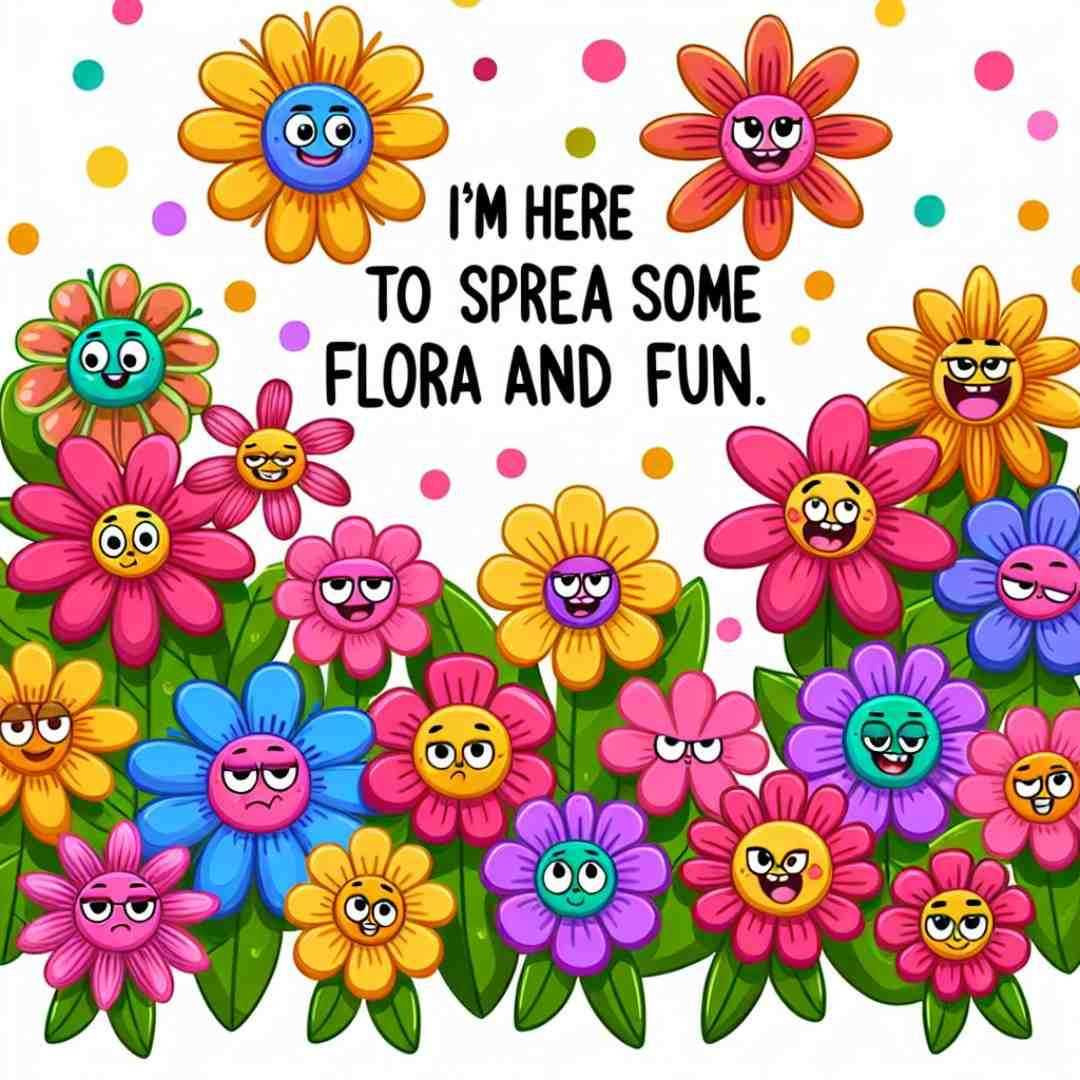 Assorted playful flowers with quirky expressions, radiating joy and playfulness.