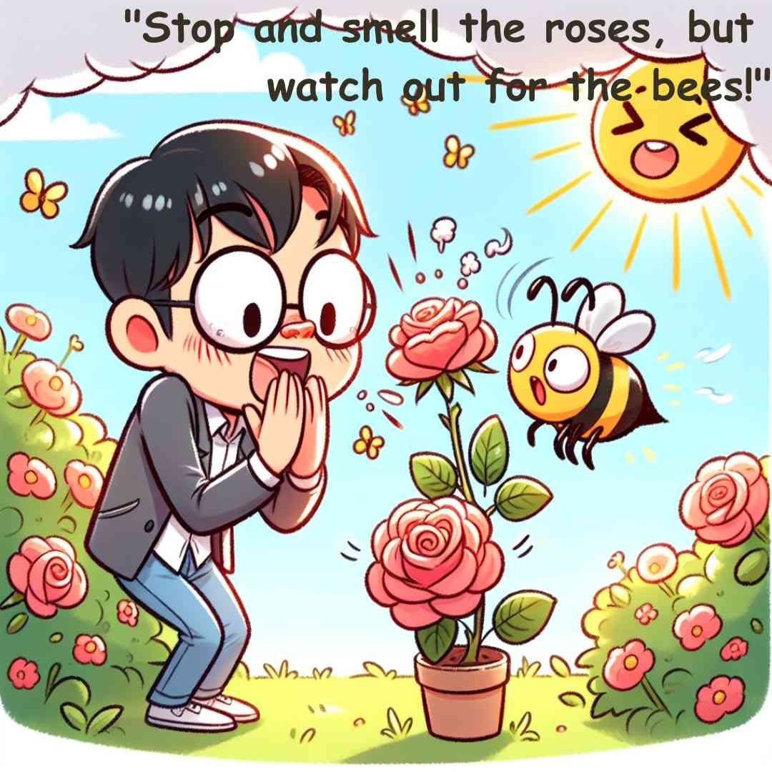 Cartoon man smelling roses while a bee approaches with a funny warning quote.